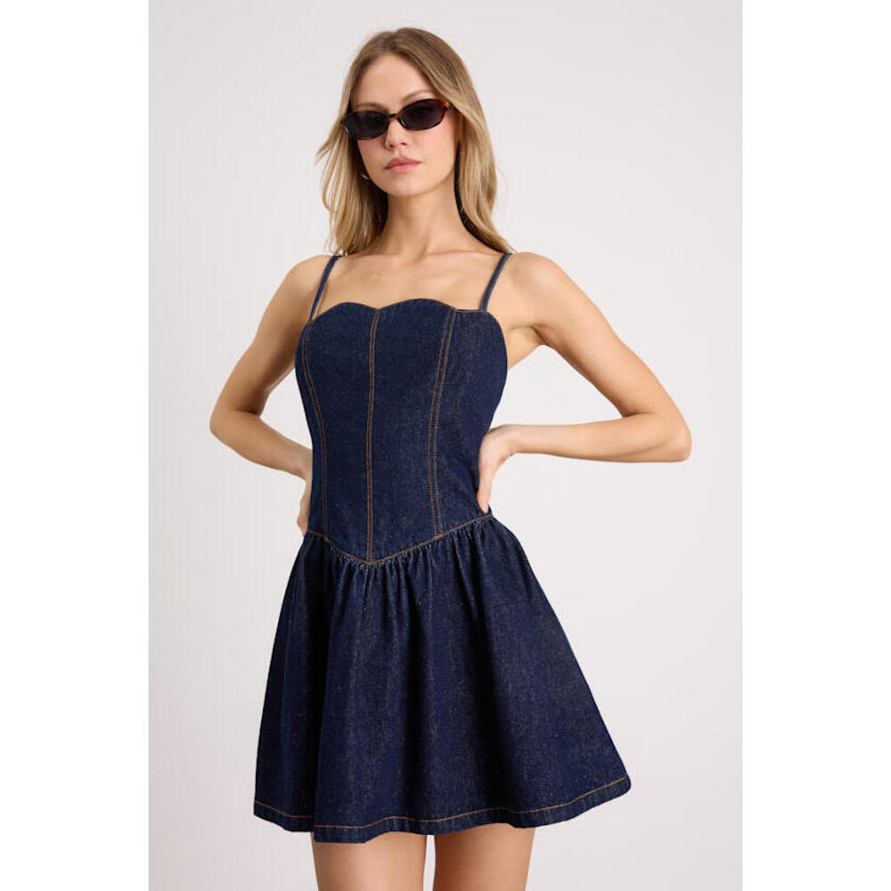 Lulus Phoenix Dark Wash Basque Waist Mini Dress Blue - Size L